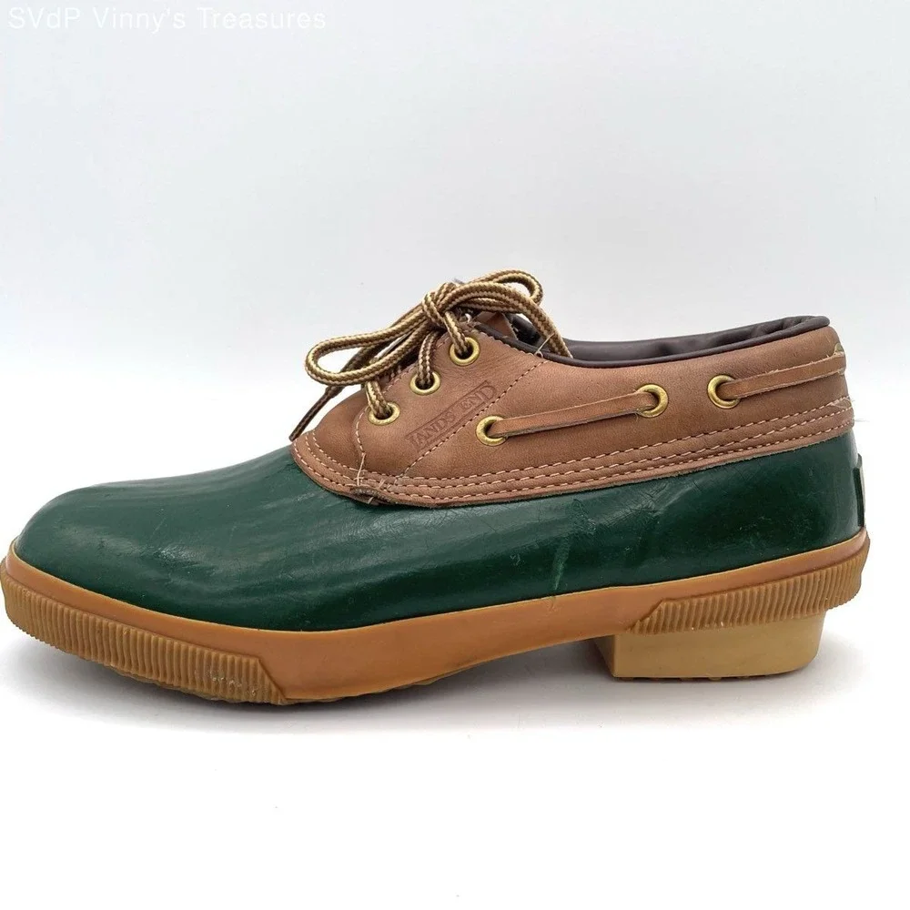 VTG Lands' End Insulated Duck Shoes Sz 8 Green Brown Rubber Leather Sherpa Lined